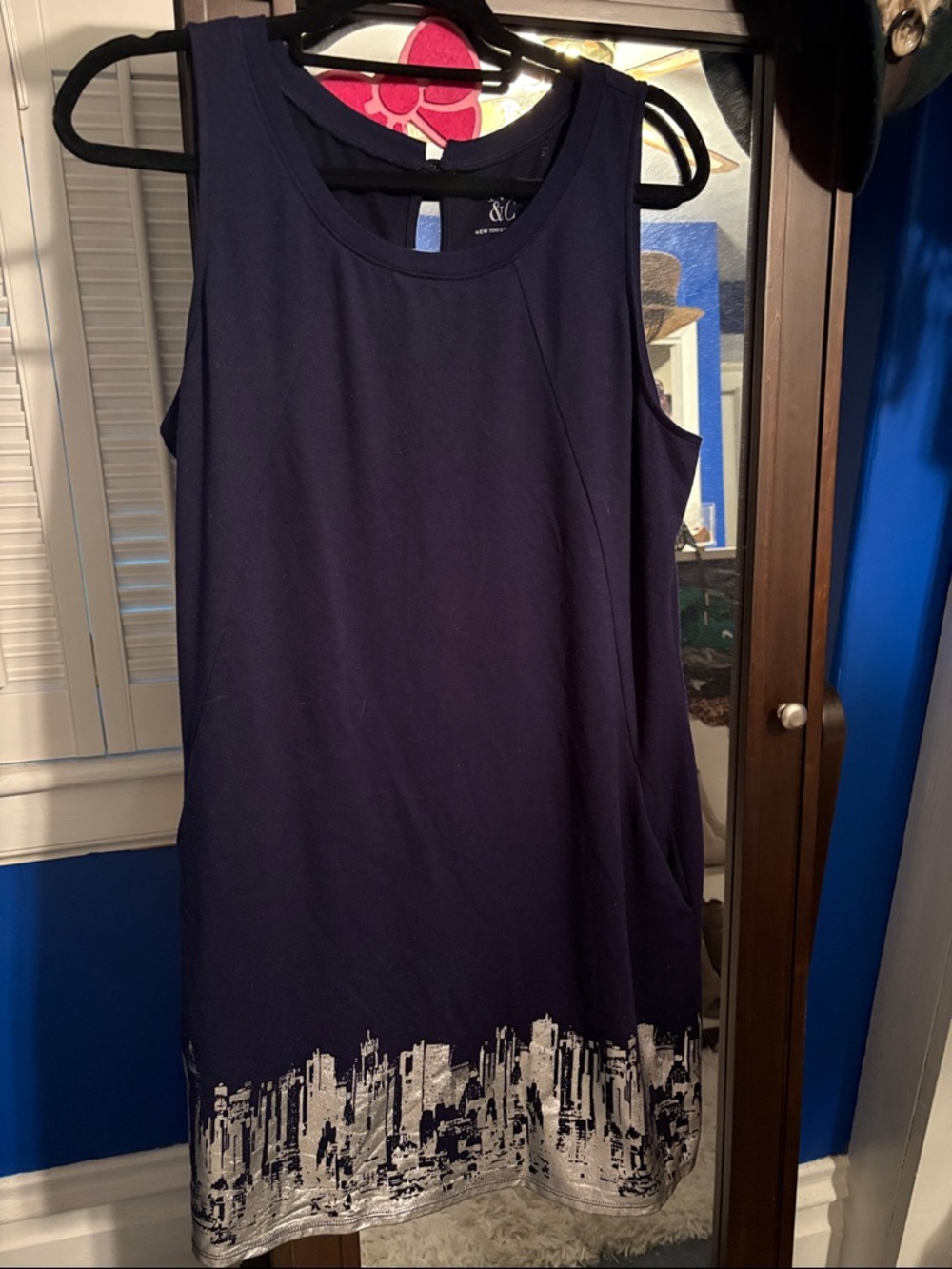 NY&C Navy Sleeveless Shift Dress with Silver City Skyline